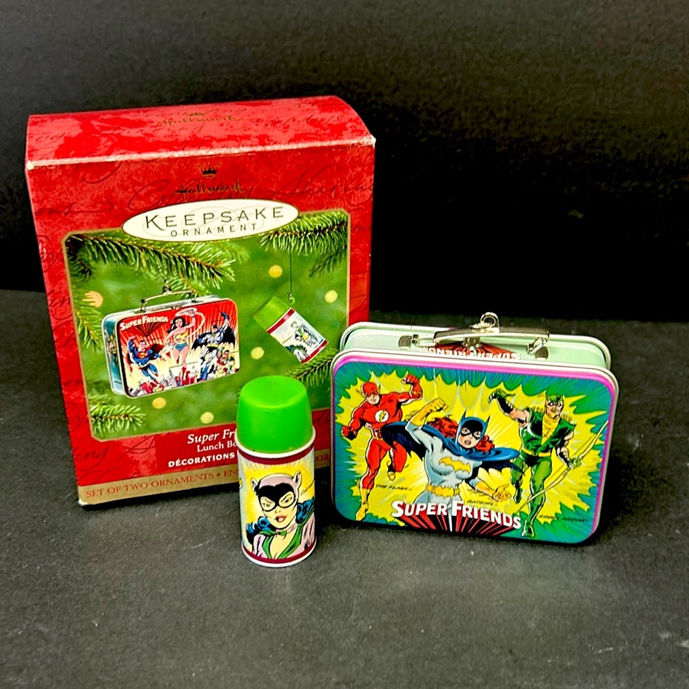 Retro  2000  Hallmark Keepsake “Super Friends “ 2 piece lunch box ornaments